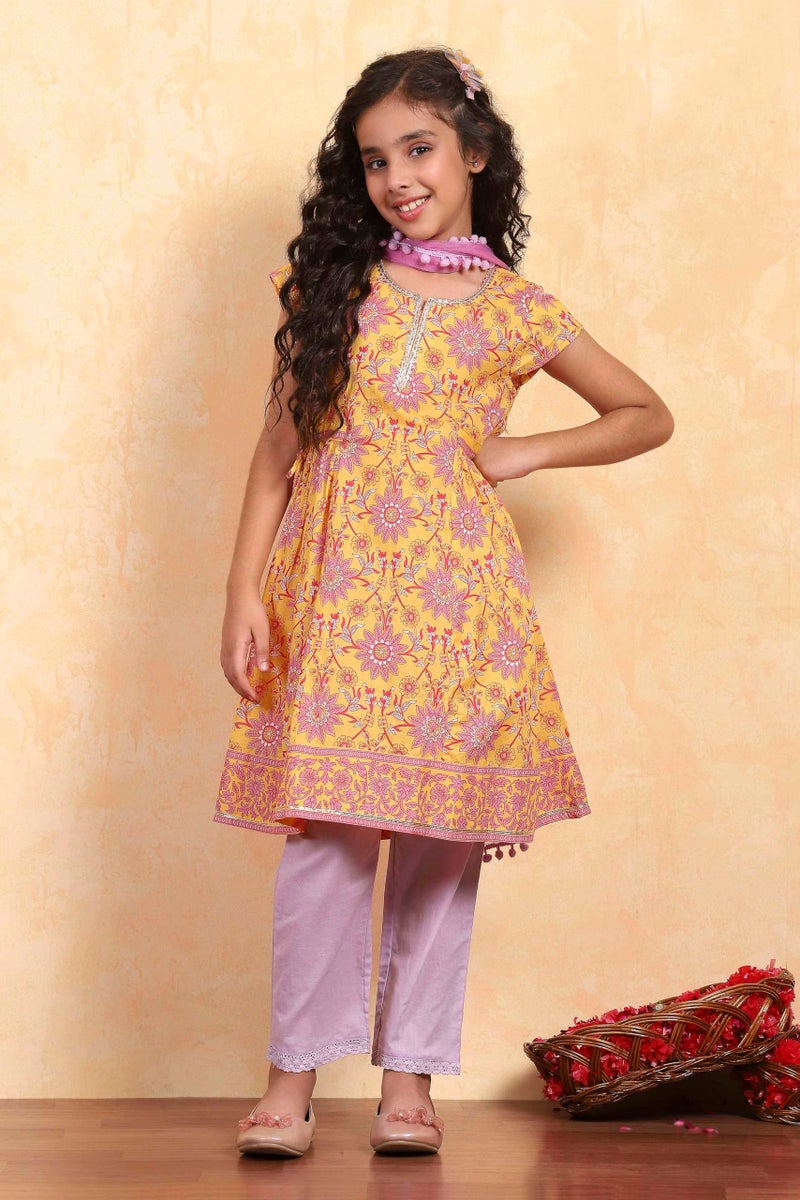 Biba Girl's Yellow Cotton Flared Printed Suit Set - Image 5