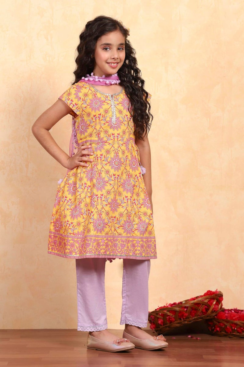 Biba Girl's Yellow Cotton Flared Printed Suit Set - Image 4