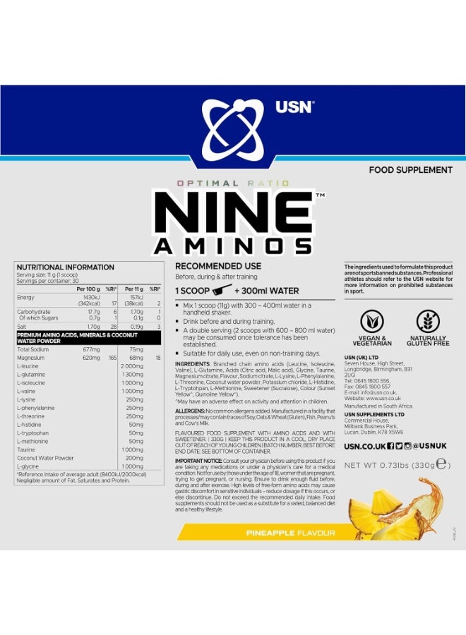 USN Perfect Ratio ALL9 Amino Pineapple 330g – Full Spectrum BCAA & EAA Formula for Recovery, Hydration & Endurance (30 Servings) - Image 5