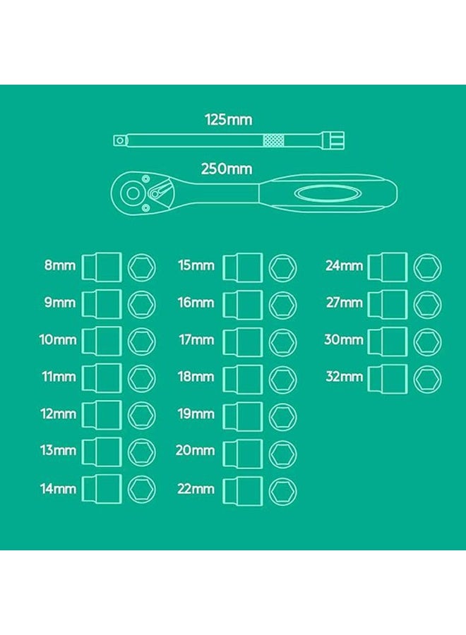 Manful 20Pcs Socket Wrench Set with Ratchet Handle – Steel Socket Tool Kit with Extension Bars, Universal Joint & Metal Storage Case - Image 3