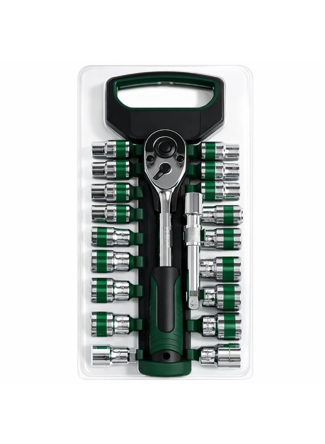 Manful 20Pcs Socket Wrench Set with Ratchet Handle – Steel Socket Tool Kit with Extension Bars, Universal Joint & Metal Storage Case - Image 1