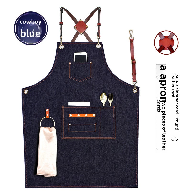 Thick Canvas Apron Custom Logo Coffee Brown for CafesNew leather belt denim blue rings New leather belt denim blue rings