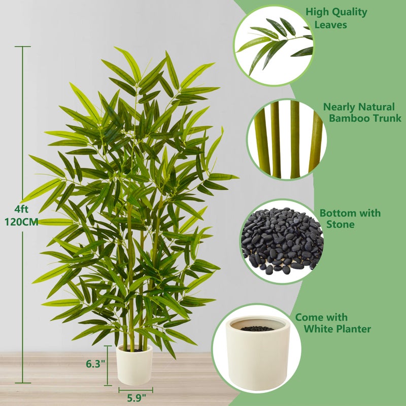 Warmplants Artificial Bamboo Tree, 4ft Tall Faux Bamboo Plant with White Planter, Fake Trees with 4 Trunks and Lifelike Leaves for Indoor Outdoor Home Office DÃ©cor - Image 2