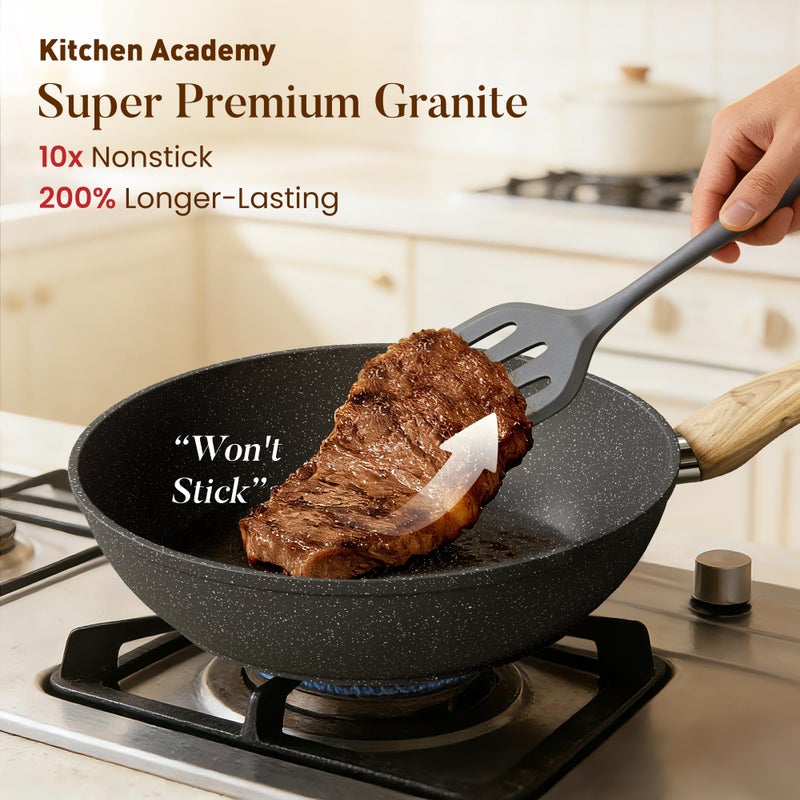 Kitchen Academy Induction Cookware Sets - 12 Piece Gray Cooking Pan Set, Granite Nonstick Pots and Pans Set - Image 2