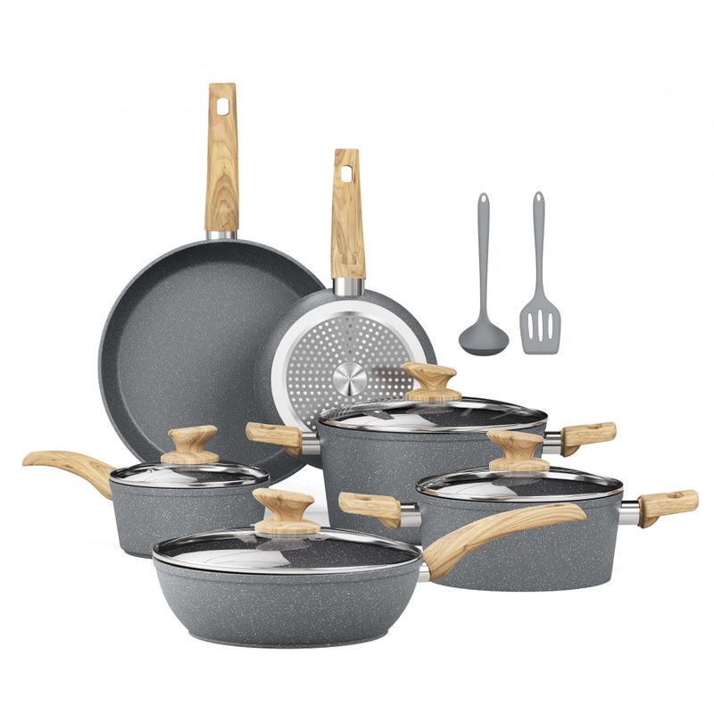 Kitchen Academy Induction Cookware Sets - 12 Piece Gray Cooking Pan Set, Granite Nonstick Pots and Pans Set - Image 1