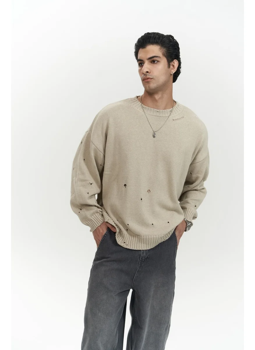 Mai Collection Alec Ribbed Ripped Detail Beige Men's Knitwear Sweater
