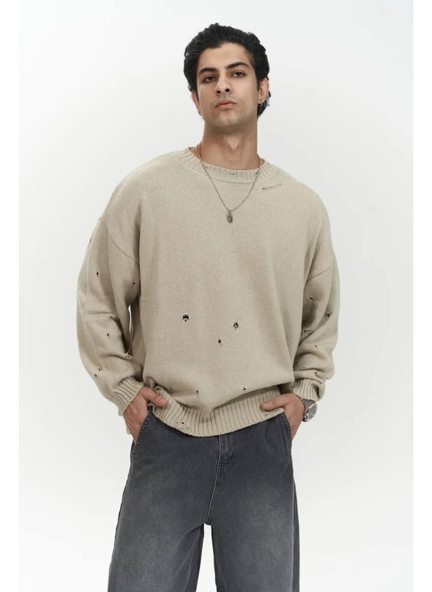 Mai Collection Alec Ribbed Ripped Detail Beige Men's Knitwear Sweater