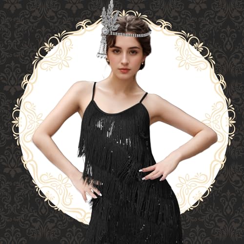 PLULON Women's 1920s Gatsby Sequin Fringed Vintage Flapper Dress Cocktail Party Dress with 20s Accessories Costume Set for Evening Prom (Black - Image 2