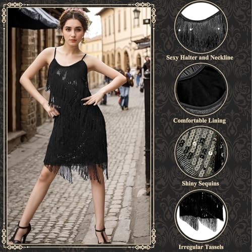 PLULON Women's 1920s Gatsby Sequin Fringed Vintage Flapper Dress Cocktail Party Dress with 20s Accessories Costume Set for Evening Prom (Black - Image 4