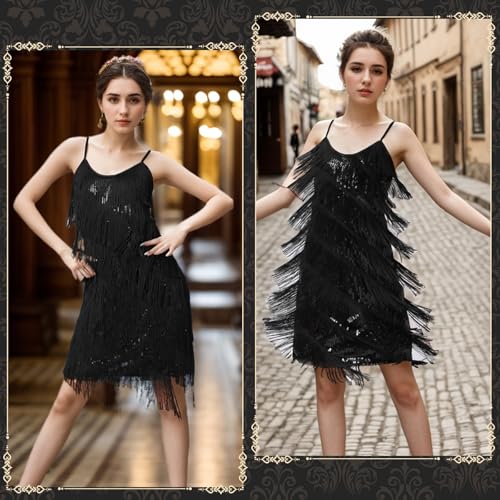 PLULON Women's 1920s Gatsby Sequin Fringed Vintage Flapper Dress Cocktail Party Dress with 20s Accessories Costume Set for Evening Prom (Black - Image 5
