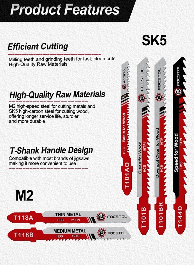 FOCSTOL 50PCS T-Shank Jigsaw Blades Set - FOCSTOL HSS/HCS Jig Saw Blades for Cutting Metal, Wood and Plastic (T118A,T118B,T101AO,T101B,T101BR,T144D) - Image 5