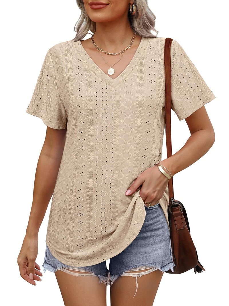 OFEEFAN Going Out Tops for Women Trendy Loose Fit V Neck Curved Hem Long T Shirts Plus Size Short Sleeve Ladies Tops and Blouses 2026 Teacher Outfits for Women Clothes Beige 2XL - Image 2