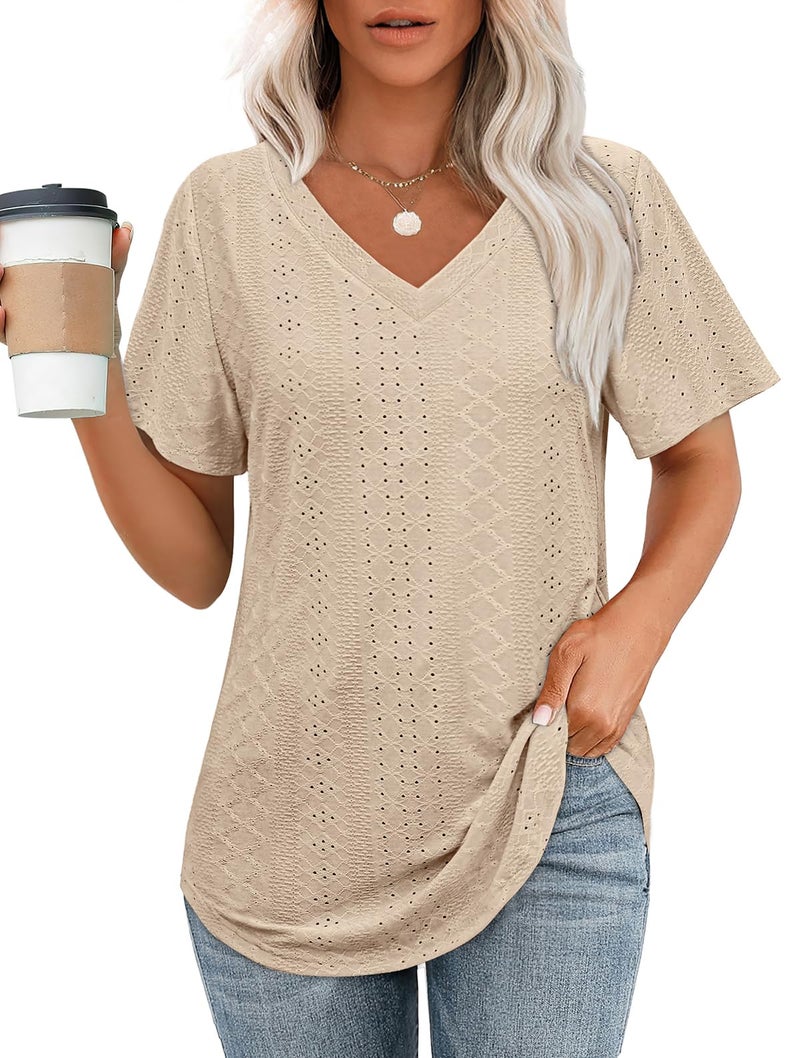 OFEEFAN Going Out Tops for Women Trendy Loose Fit V Neck Curved Hem Long T Shirts Plus Size Short Sleeve Ladies Tops and Blouses 2026 Teacher Outfits for Women Clothes Beige 2XL - Image 1
