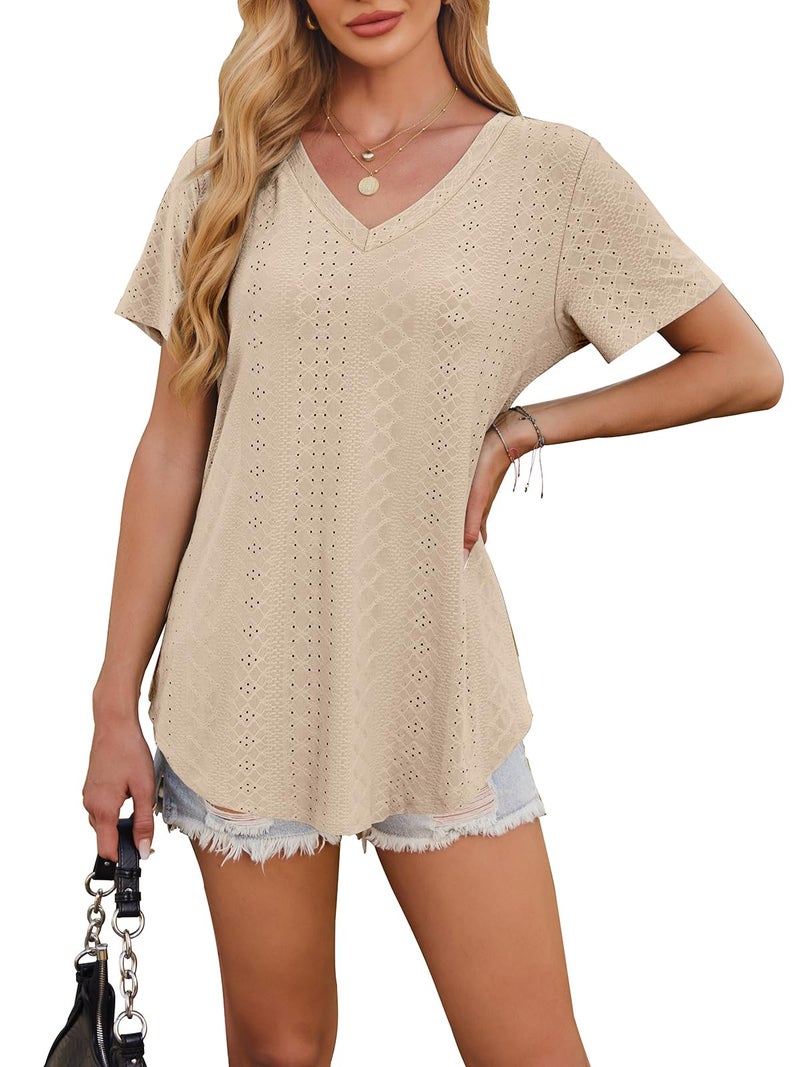 OFEEFAN Going Out Tops for Women Trendy Loose Fit V Neck Curved Hem Long T Shirts Plus Size Short Sleeve Ladies Tops and Blouses 2026 Teacher Outfits for Women Clothes Beige 2XL - Image 4