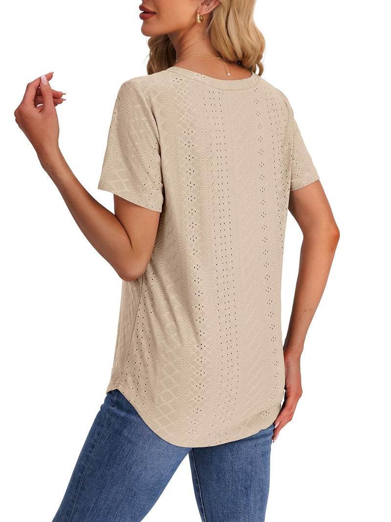 OFEEFAN Going Out Tops for Women Trendy Loose Fit V Neck Curved Hem Long T Shirts Plus Size Short Sleeve Ladies Tops and Blouses 2026 Teacher Outfits for Women Clothes Beige 2XL - Image 5