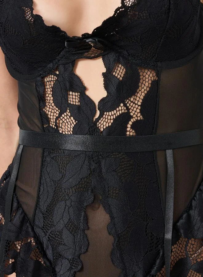 Take Two  Black Wired Lace Bodysuit with Suspender for Women | Best Price UAE