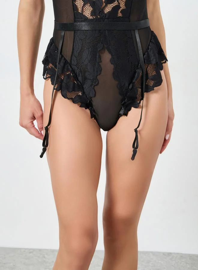 Take Two  Black Wired Lace Bodysuit with Suspender for Women | Best Price UAE
