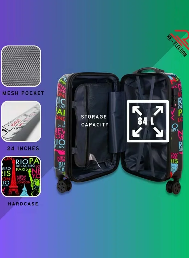 Reflection Reflection 24 Inch ABS and Polycarbonate Suitcase Lightweight Hardside Iconic Print Series Travel Luggage Trolley with 84L Storage Capacity 4 Spinner Wheels and TSA Lock Multicolor