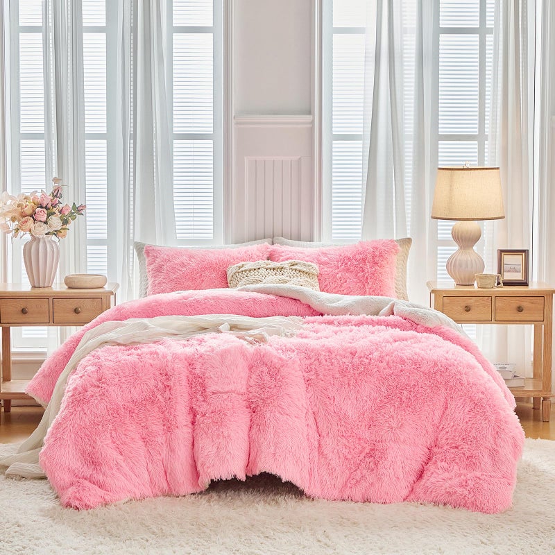 UOZZI BEDDING Pink Faux Fur Comforter Set Queen 3 Pieces - 1 Shaggy Comforter Set 90x90 and 2 Pillowcases, Ultra Soft and Easy Care Luxury Plush Shaggy Duvet Set for Girls Women Princess Style - Image 2