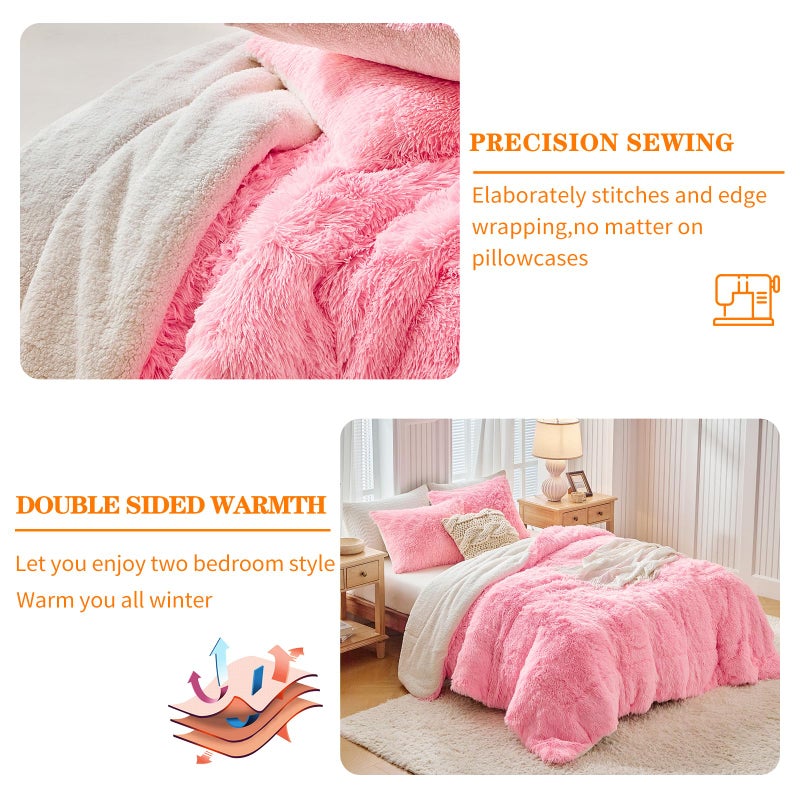 UOZZI BEDDING Pink Faux Fur Comforter Set Queen 3 Pieces - 1 Shaggy Comforter Set 90x90 and 2 Pillowcases, Ultra Soft and Easy Care Luxury Plush Shaggy Duvet Set for Girls Women Princess Style - Image 5