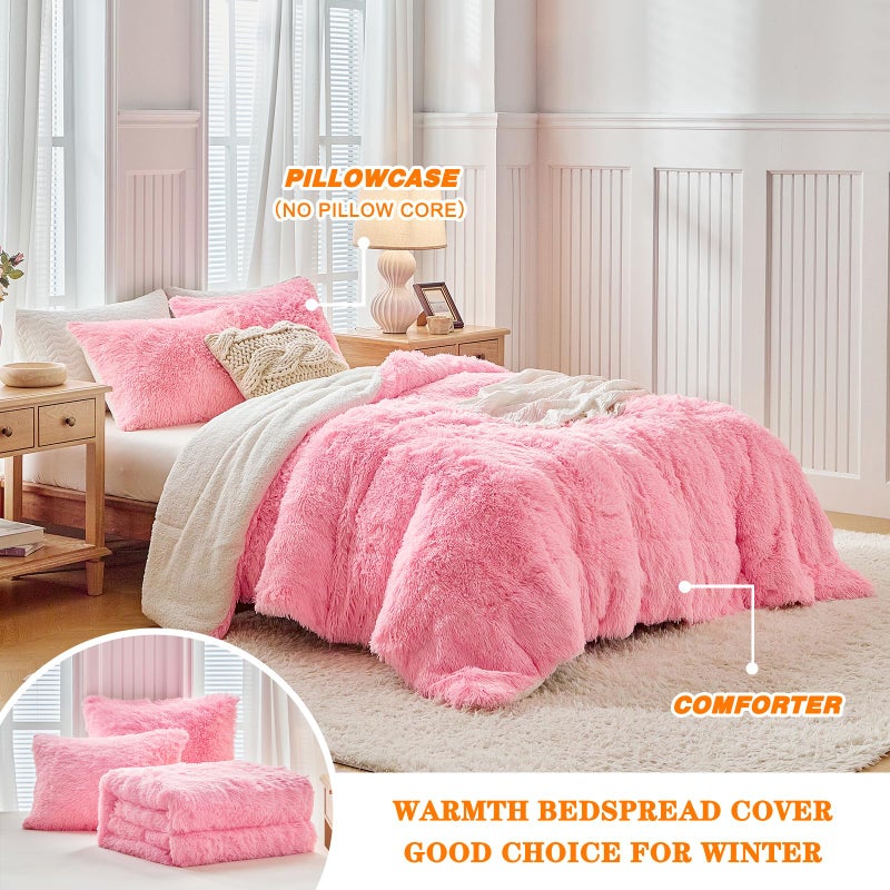 UOZZI BEDDING Pink Faux Fur Comforter Set Queen 3 Pieces - 1 Shaggy Comforter Set 90x90 and 2 Pillowcases, Ultra Soft and Easy Care Luxury Plush Shaggy Duvet Set for Girls Women Princess Style - Image 4