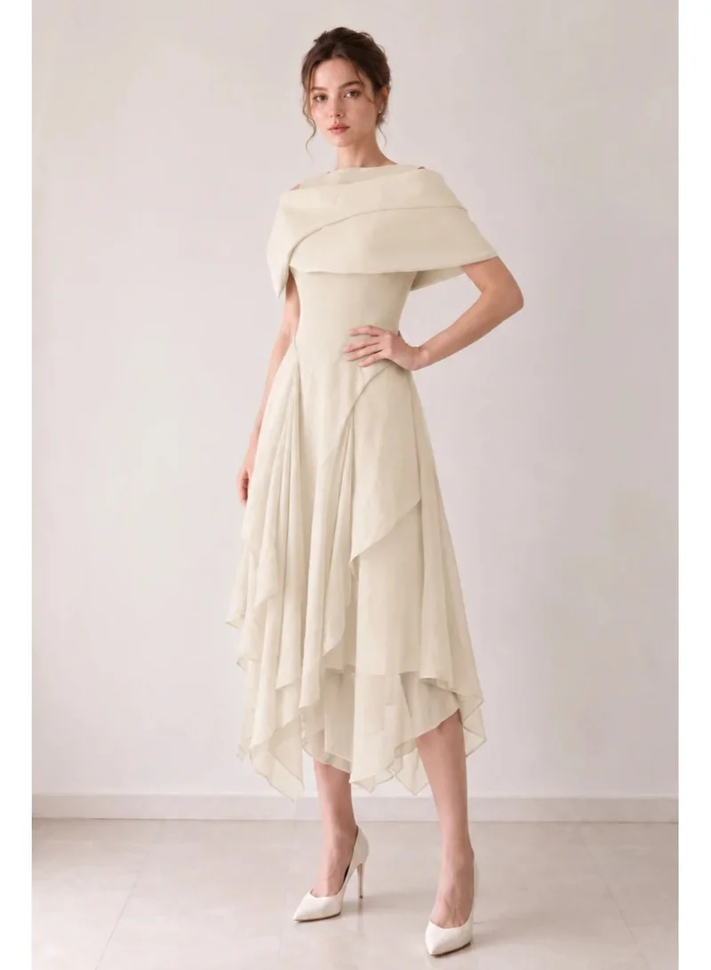 2Trendy Chloe Midi Dress with Crossover Shoulder Layer and Layered Chiffon Skirt - Beige