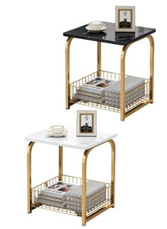 AGD Coffee Table Set, 2 Pieces, Side Table with Bottom Storage Basket, Modern Marble Design for Living Room(Black & White)  - Image 1