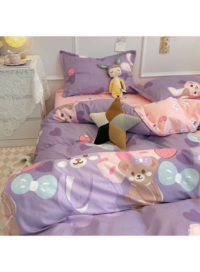 غطاء لحاف من القطن المغسول مكون من أربع قطع، غطاء لحاف فردي لسكن الطلاب، غطاء لحاف من ثلاث قطع، ملاءة سرير شخصية - اللون: Q rabbit - المواصفات: طقم مكون من أربع قطع بطول 2.0 متر [غطاء لحاف 2 × 2.3 متر] - Image 1