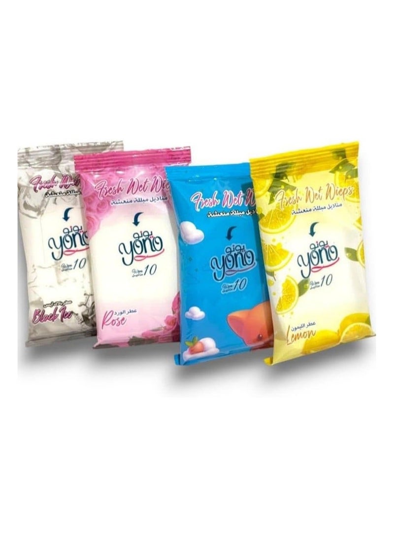 يونو مجموعة من 4 قطع من مناديل مبللة منعشة فائقة النعومة - متعددة الروائح