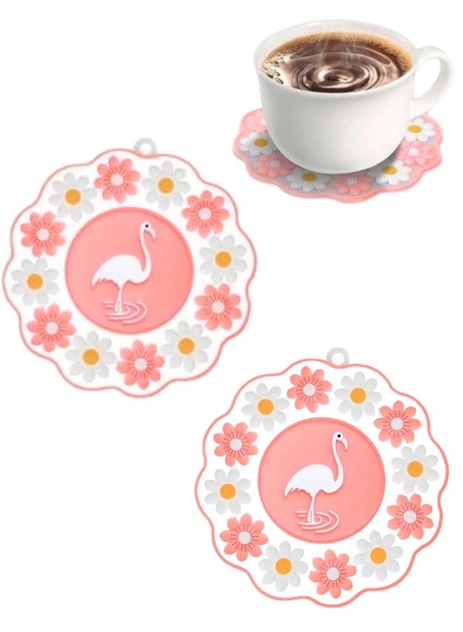 Flamingo Pink Flower-Shaped Drink Coasters Set of 2 , Non-Slip Silicone Coasters for Cups and Glasses, Heat Resistant and Cold Proof, Washable and Reusable Coasters for Coffee, Tea, Juice, Water, Soda, Cocktails, Soft Flexible Round Drink Mats, Stylish Home and Office Decor, Perfect for Protecting Wooden, Glass, Marble Tables from Scratches, Stains, Moisture and Noise, Ideal Gift for Coffee Lovers, Kids and Adults, 10cm Diameter 3D Flamingo Center Decorative Coaster Set for Living Room, Dining Table, Cafe, Bar, Kitchen Use. - Image 1