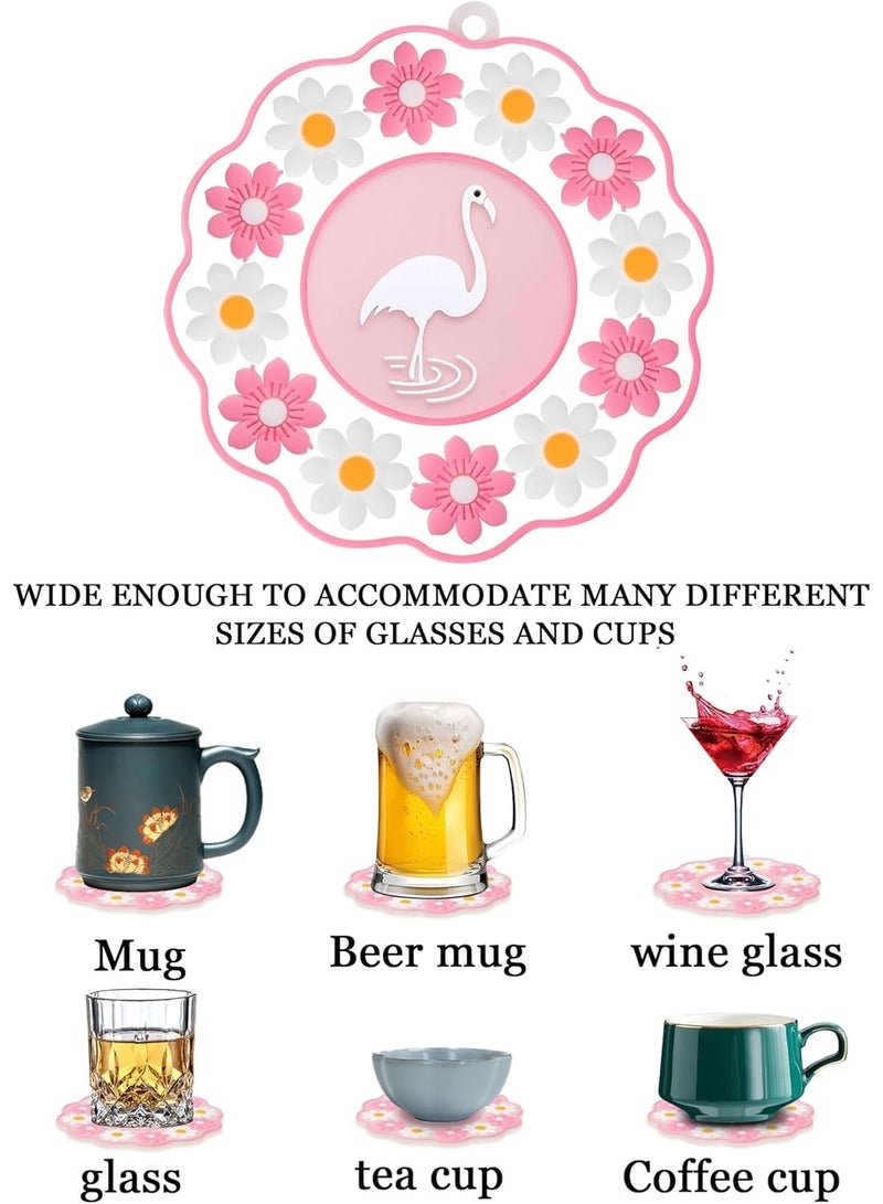 Flamingo Pink Flower-Shaped Drink Coasters Set of 2 , Non-Slip Silicone Coasters for Cups and Glasses, Heat Resistant and Cold Proof, Washable and Reusable Coasters for Coffee, Tea, Juice, Water, Soda, Cocktails, Soft Flexible Round Drink Mats, Stylish Home and Office Decor, Perfect for Protecting Wooden, Glass, Marble Tables from Scratches, Stains, Moisture and Noise, Ideal Gift for Coffee Lovers, Kids and Adults, 10cm Diameter 3D Flamingo Center Decorative Coaster Set for Living Room, Dining Table, Cafe, Bar, Kitchen Use. - Image 4
