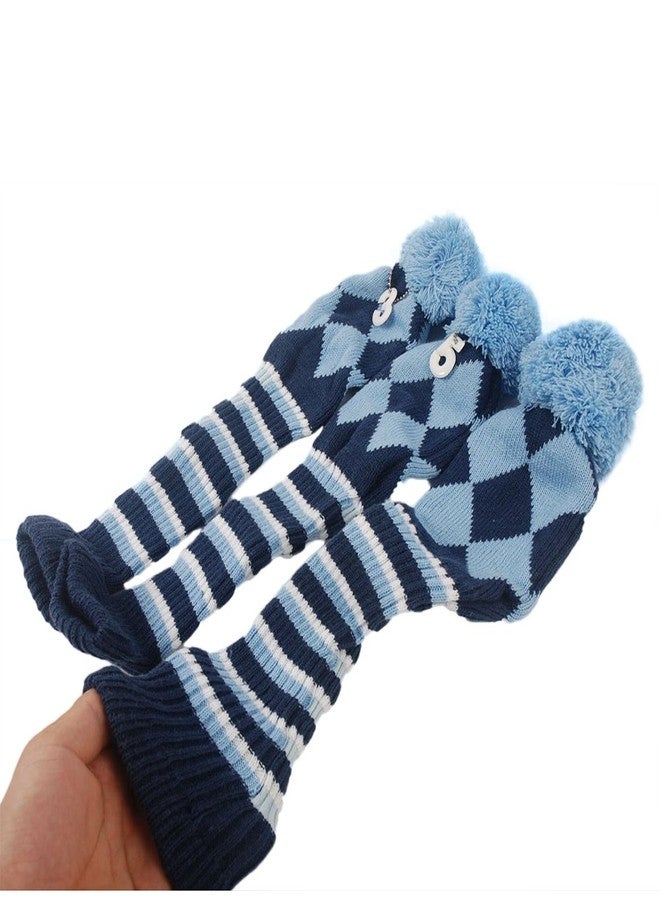 HIFROM 3pcs/Set Golf Club Argyle Knit Head Covers Headcovers Vintange Pom Pom Sock Covers 1-3-5 Compatible with Driver & Woods Blue & Dark Blue - Image 3
