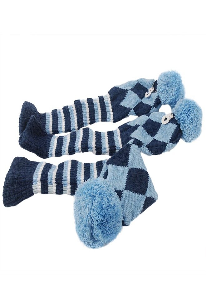 HIFROM 3pcs/Set Golf Club Argyle Knit Head Covers Headcovers Vintange Pom Pom Sock Covers 1-3-5 Compatible with Driver & Woods Blue & Dark Blue - Image 4