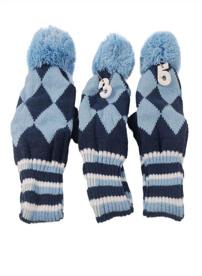 HIFROM 3pcs/Set Golf Club Argyle Knit Head Covers Headcovers Vintange Pom Pom Sock Covers 1-3-5 Compatible with Driver & Woods Blue & Dark Blue - Image 2