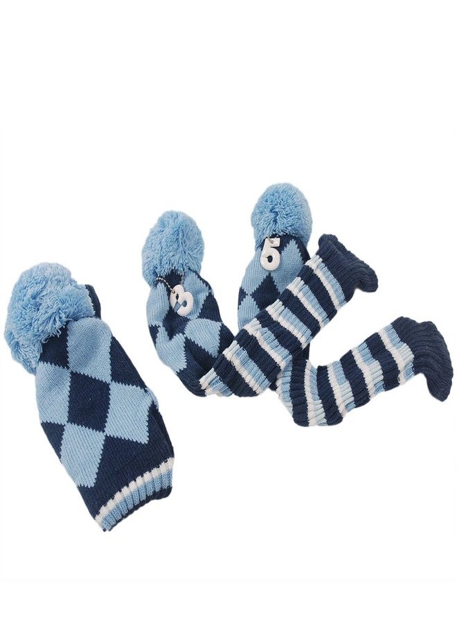 HIFROM 3pcs/Set Golf Club Argyle Knit Head Covers Headcovers Vintange Pom Pom Sock Covers 1-3-5 Compatible with Driver & Woods Blue & Dark Blue - Image 5