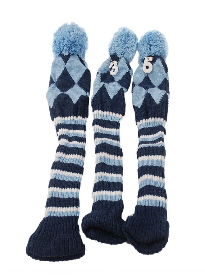 HIFROM 3pcs/Set Golf Club Argyle Knit Head Covers Headcovers Vintange Pom Pom Sock Covers 1-3-5 Compatible with Driver & Woods Blue & Dark Blue - Image 1