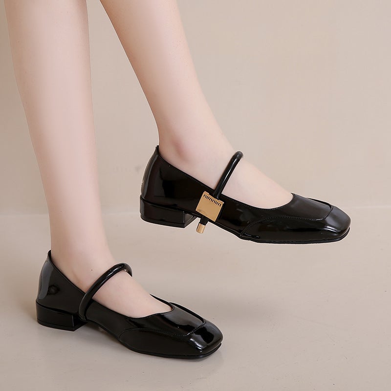 Soft Leather Buckle Belt Jane Mary Shoes Patent Leather Low-Top Single-Layer Shoes Women'S Soft Surface Soft Bottom Square Low-Heel Mule Shoes - Image 2