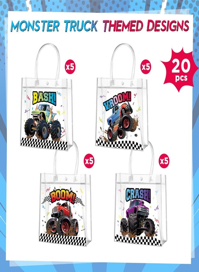 Aliceset 20 Pcs Truck Party Clear Favor Bags with Handles Monster Racing Car Party Treat Bags Truck Race Themed Decorations for Birthday Baby Shower Goodie Supplies, 8x8x3.15 inch - Image 3