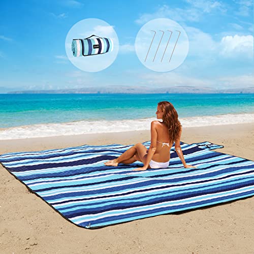 ZAZE Beach Blanket Picnic Blankets with Stakes, Thick 3-Layer 80*80 Oversized Waterproof Sandproof Compact Outdoor Mat, Big Extra Large Foldable Camping Park Vacation Travel Accessories(Blue Stripe) - Image 1