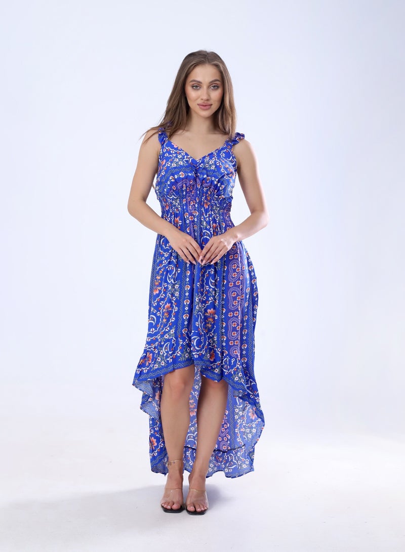 بيبو فستان حريمي قصير مشجر مقاس حر يناسب من 60 إلى 85 كجم تقريبا_ازرق & اورنج - Image 1