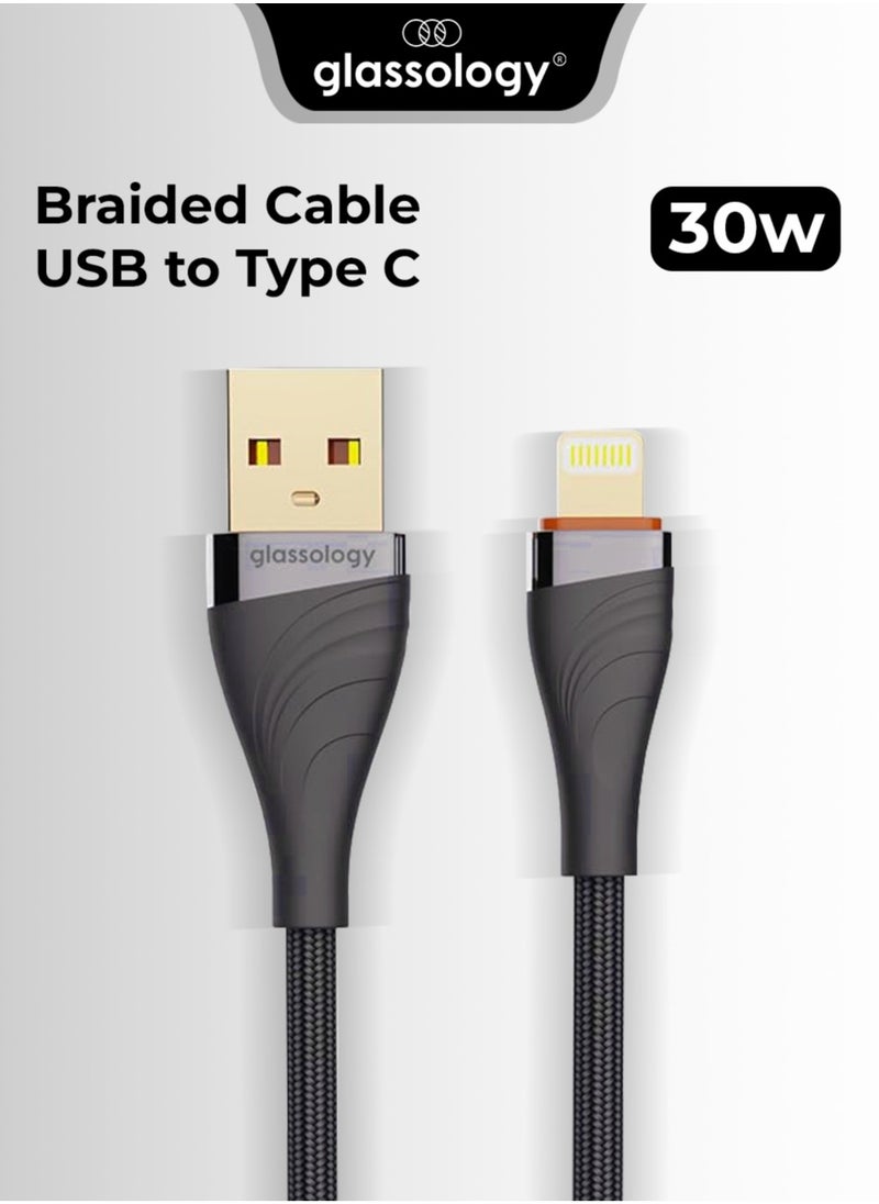 glassology Braided Cable 30W USB to Type C 1 Meter - Fast Charging, Durable Design, Optimal Length - Universal Compatibility for Smartphones, Tablets, Laptops -Stylish & Reliable Charging Accessory  - Image 1
