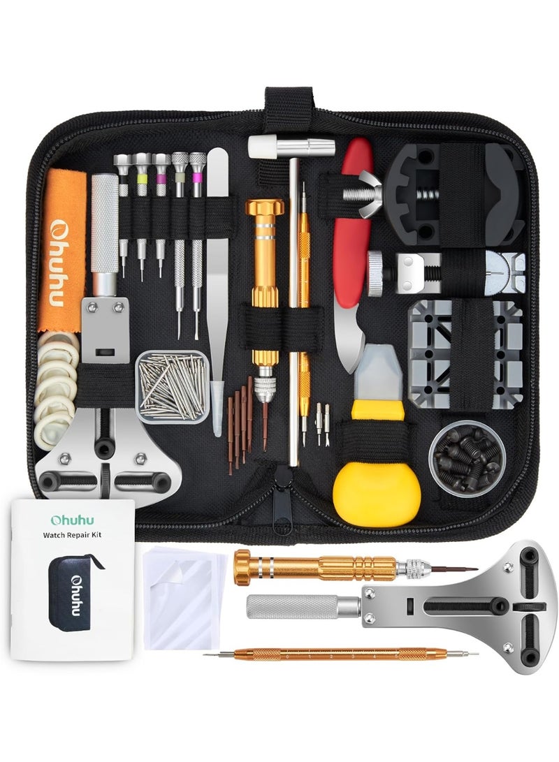 أوهوهو طقم إصلاح ساعات أوهوهو (١٧٤ قطعة) - مجموعة أدوات احترافية متكاملة لإصلاح الساعات، تشمل استبدال البطارية، وتعديل الحزام، وفتح العلبة، وصيانة الساعة | أدوات احترافية لصانعي الساعات (اصنعها بنفسك) - Image 1