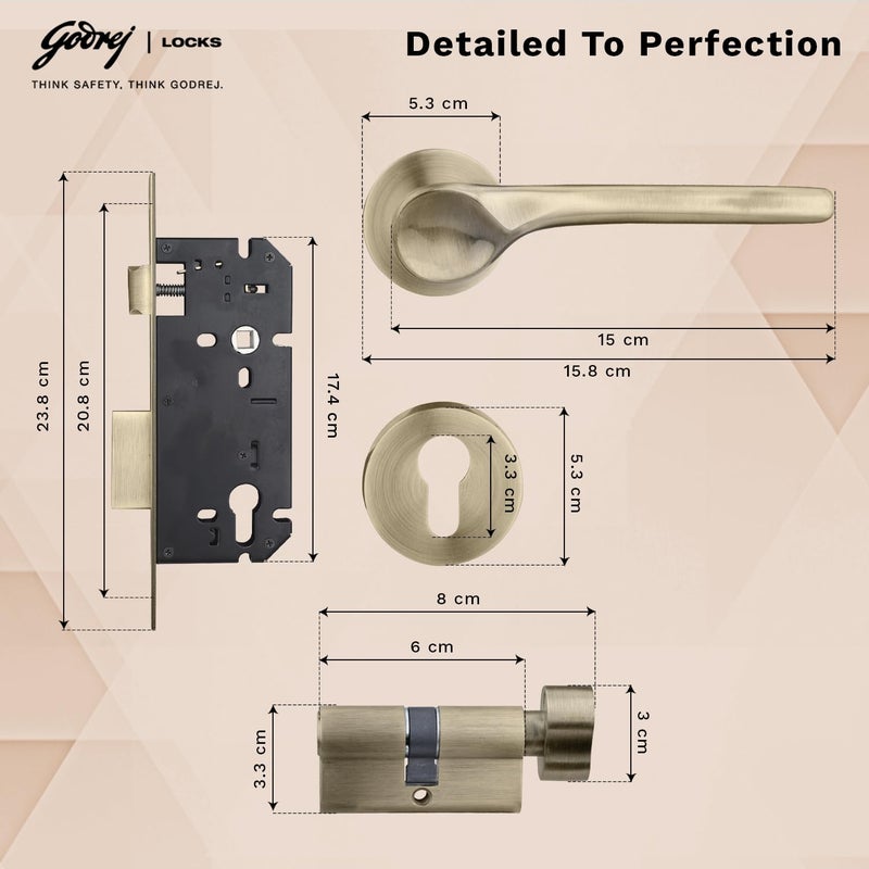 Godrej Locking Solutions and Systems Godrej Mortise LockHandle Lock Set for Main Bedroom DoorHDH 08 Rossette Home Dcor HandleMatte Antique Brass Finish9 Inch Lockbody80 mm 1CK Cylinder Knob from Inside 3 Keys 5 Y Warranty  - Image 5