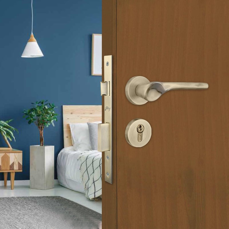 Godrej Locking Solutions and Systems Godrej Mortise LockHandle Lock Set for Main Bedroom DoorHDH 08 Rossette Home Dcor HandleMatte Antique Brass Finish9 Inch Lockbody80 mm 1CK Cylinder Knob from Inside 3 Keys 5 Y Warranty  - Image 1