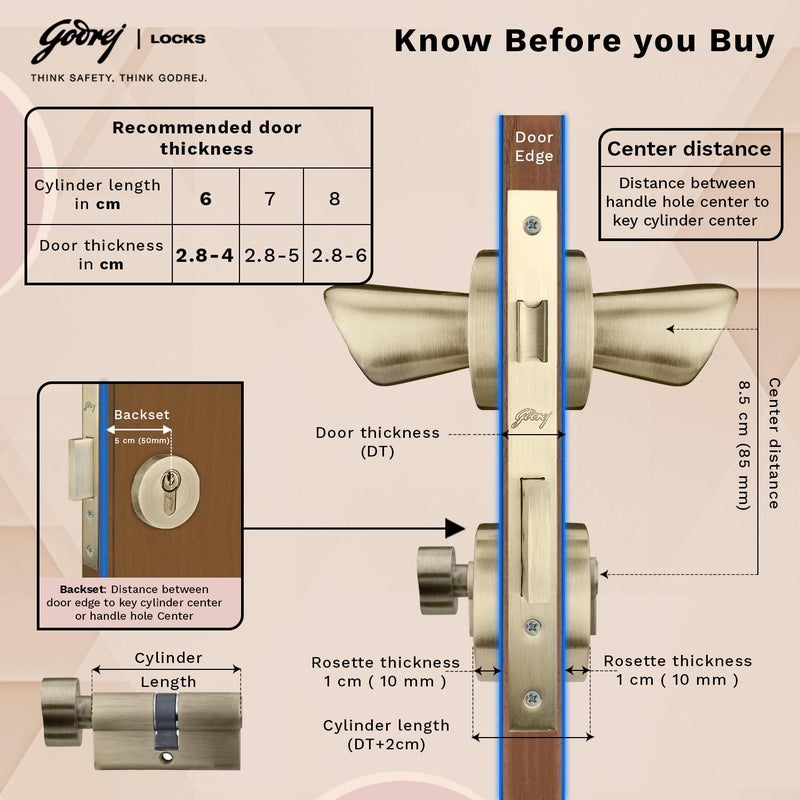 Godrej Locking Solutions and Systems Godrej Mortise LockHandle Lock Set for Main Bedroom DoorHDH 08 Rossette Home Dcor HandleMatte Antique Brass Finish9 Inch Lockbody80 mm 1CK Cylinder Knob from Inside 3 Keys 5 Y Warranty  - Image 4