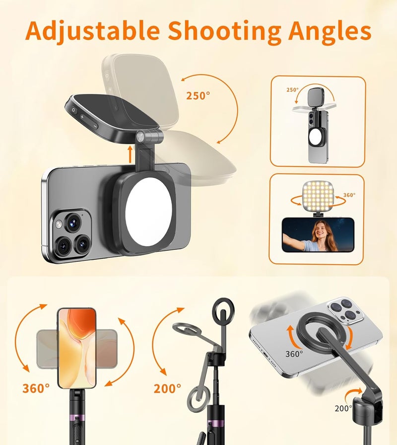 TONEOF Upgraded 173cm Selfie Stick Tripod Vlogging Kit, Magnetic Phone Tripod with LED Light and Mini Mirror, 10m Remote Control, 360 Rotation, Magnetic Ring Included, for Camera/iPhone/Android - Image 5