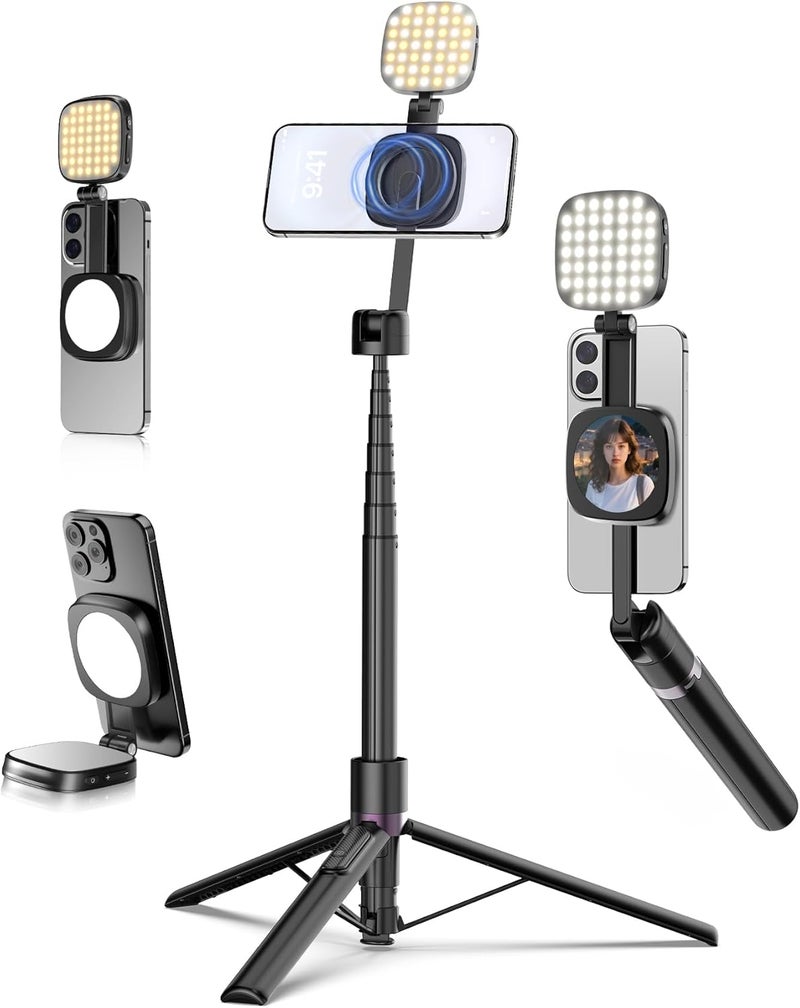 TONEOF Upgraded 173cm Selfie Stick Tripod Vlogging Kit, Magnetic Phone Tripod with LED Light and Mini Mirror, 10m Remote Control, 360 Rotation, Magnetic Ring Included, for Camera/iPhone/Android - Image 1