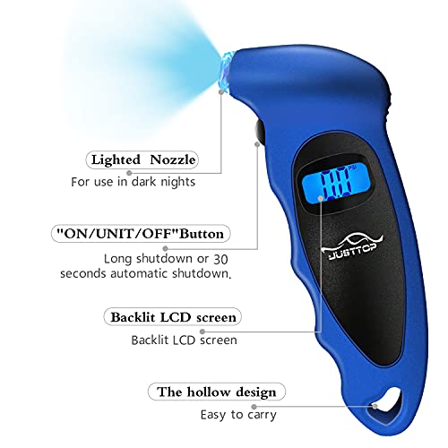 JUSTTOP Digital Tire Pressure Gauge, 150PSI 4 Setting for Cars, Trucks and Bicycles, Backlit LCD and Non-Slip Handle, Easy and Accurate Reading (Royal Blue) - Image 2