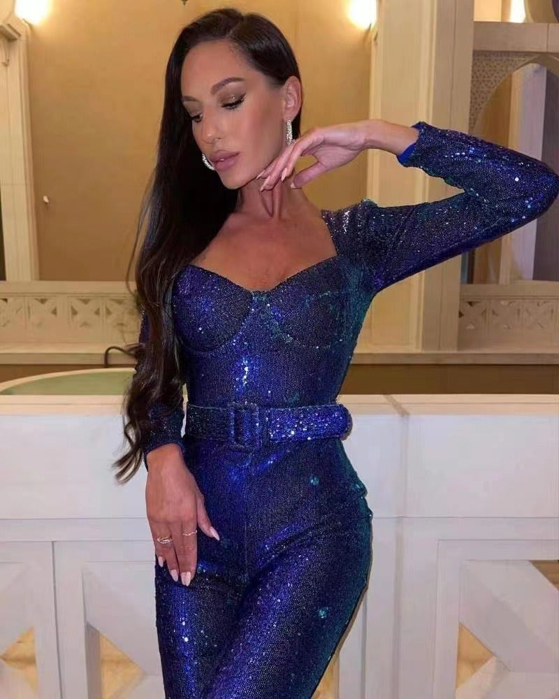 Women's Sequin Jumpsuit Long Sleeve Belted Floor-Length Evening Dress Fashion Set