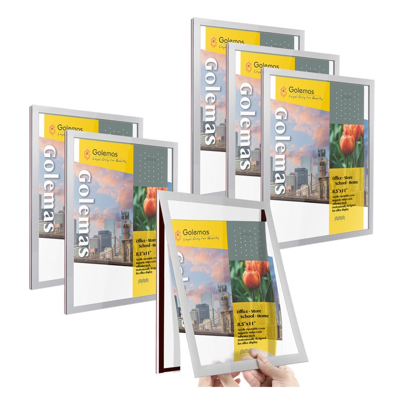 Golemas Acrylic Magnetic Sign Holder EasyOpening 85 x 11 Wall Mount Display Frames Self Adhesive Back Plastic Clear Document Frame Horizontal  Vertical Display Silver 3Pack